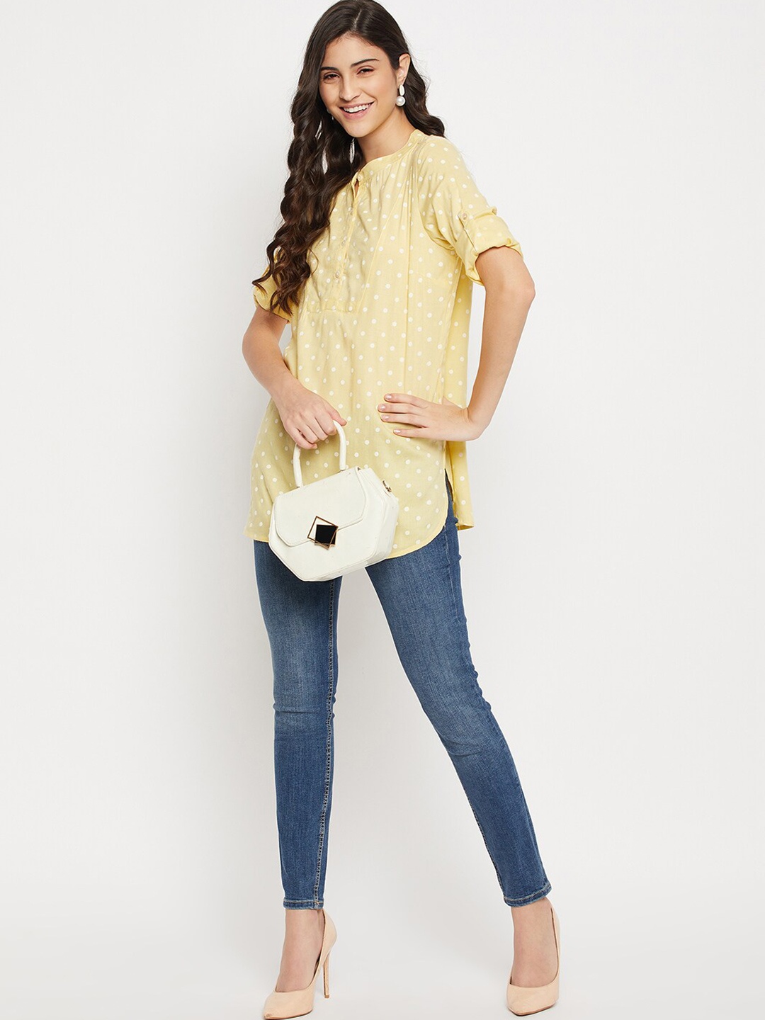 

Ruhaans Polka Dot Mandarin Collar Roll-Up Sleeves Shirt Style Top, Yellow