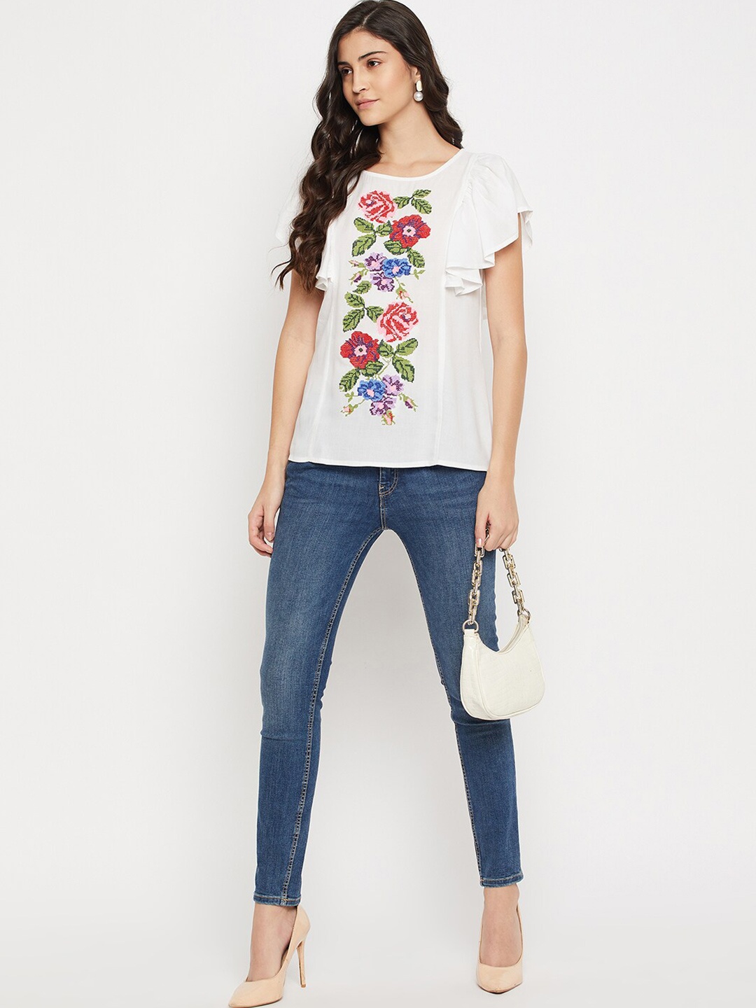 

Ruhaans Floral Embroidered Flared Sleeves Top, White