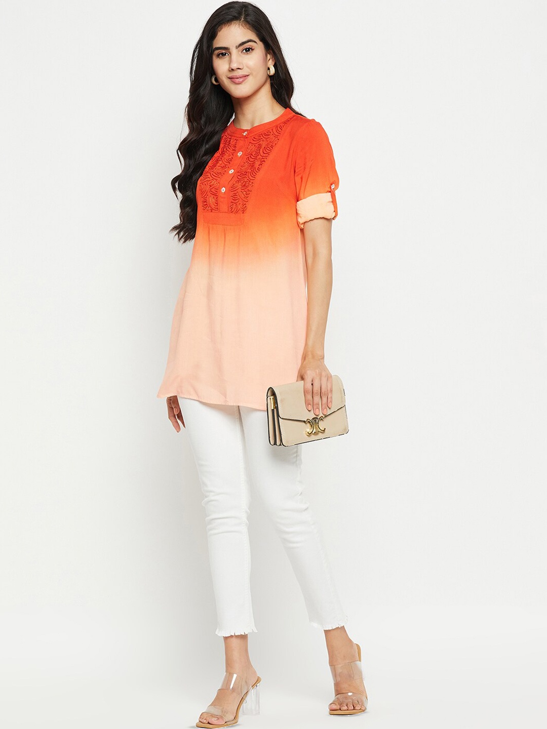 

Ruhaans Ombre Mandarin Collar Roll-Up Sleeves Longline Top, Orange