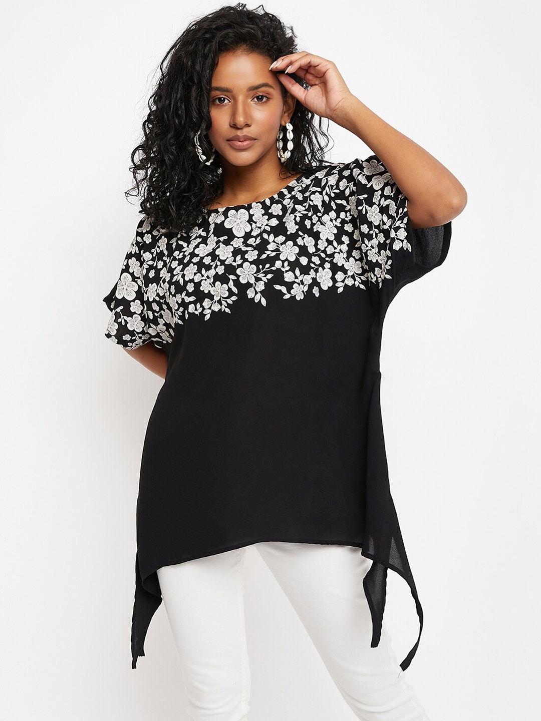 

Ruhaans Floral Printed Extended Sleeves Top, Black