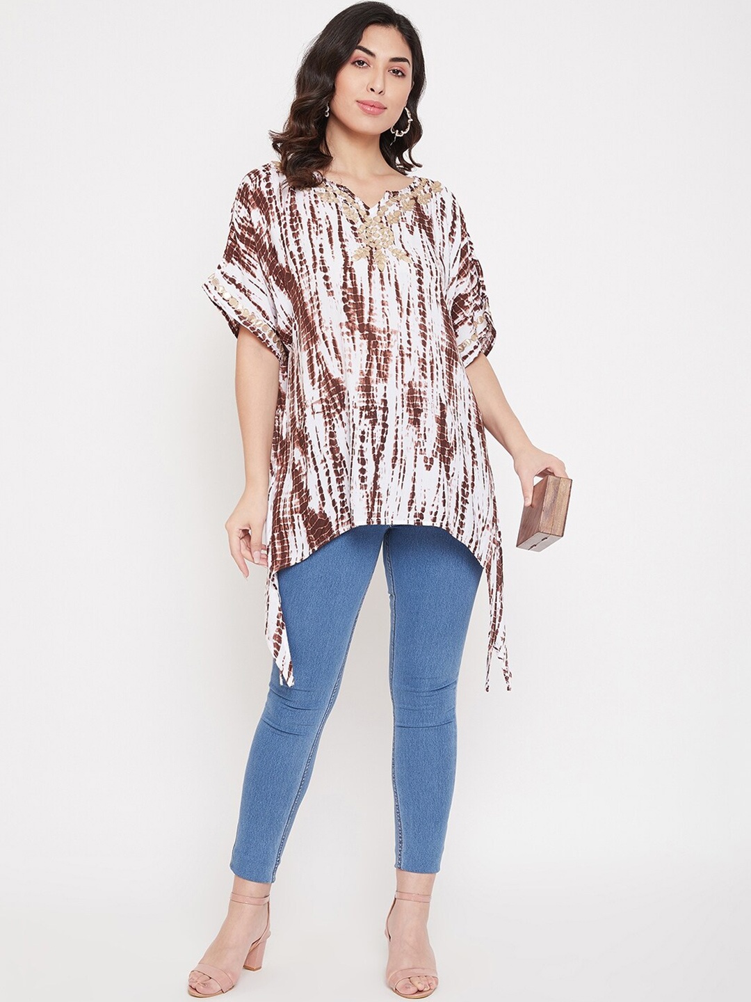 

Ruhaans Tie and Dyed Extended Sleeves Kaftan Longline Top, Brown