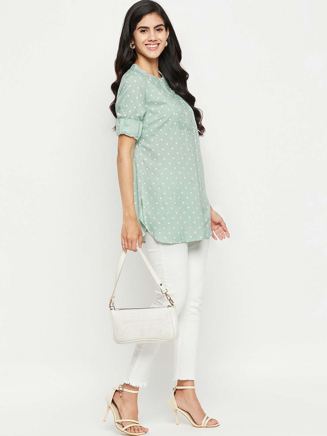 

Ruhaans Polka Dot Mandarin Collar Roll-Up Sleeves Shirt Style Top, Green
