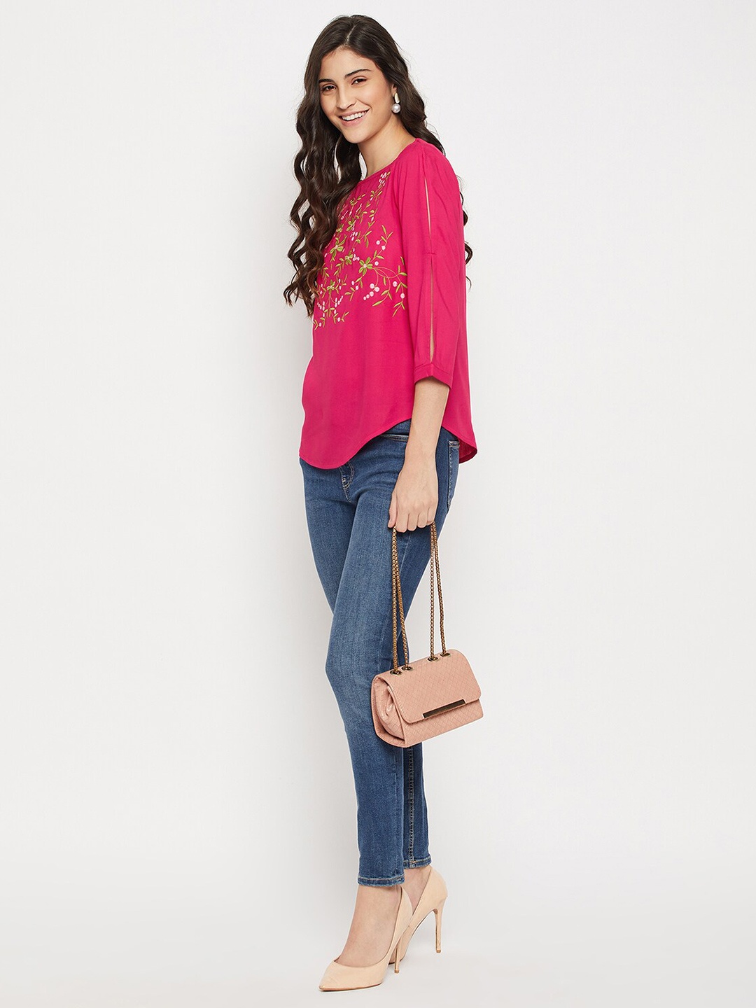 

Ruhaans Floral Embroidered Boat Neck Top, Fuchsia