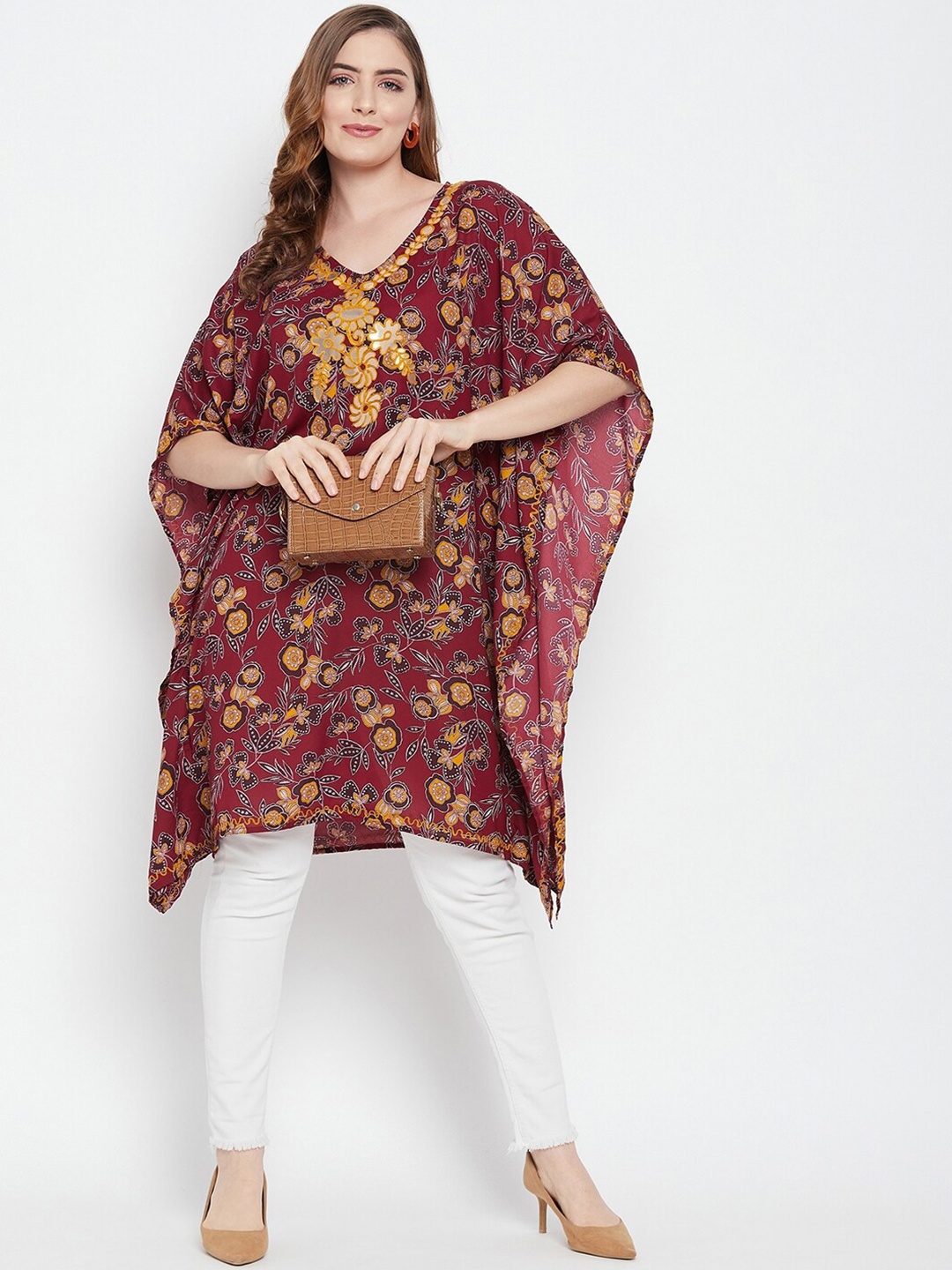 

Ruhaans Floral Printed Kaftan Tunic, Maroon