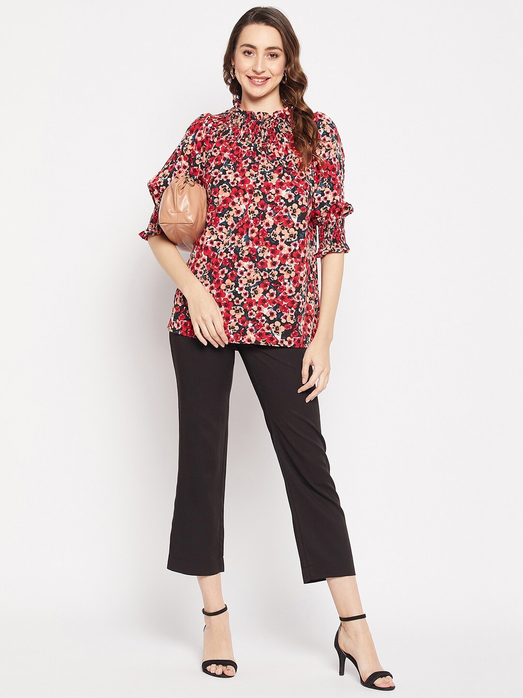 

Ruhaans Floral Print Mandarin Collar Puff Sleeves Crepe A-Line Top, Black