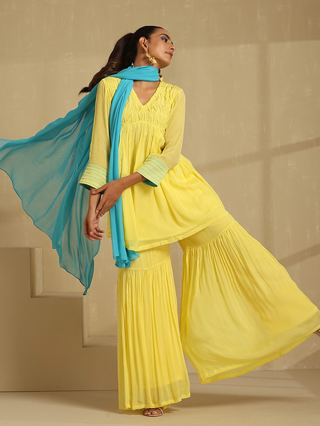 

indy Raaga Yoke Design Empire Silk Chiffon A-Line Kurta & Sharara With Dupatta, Yellow