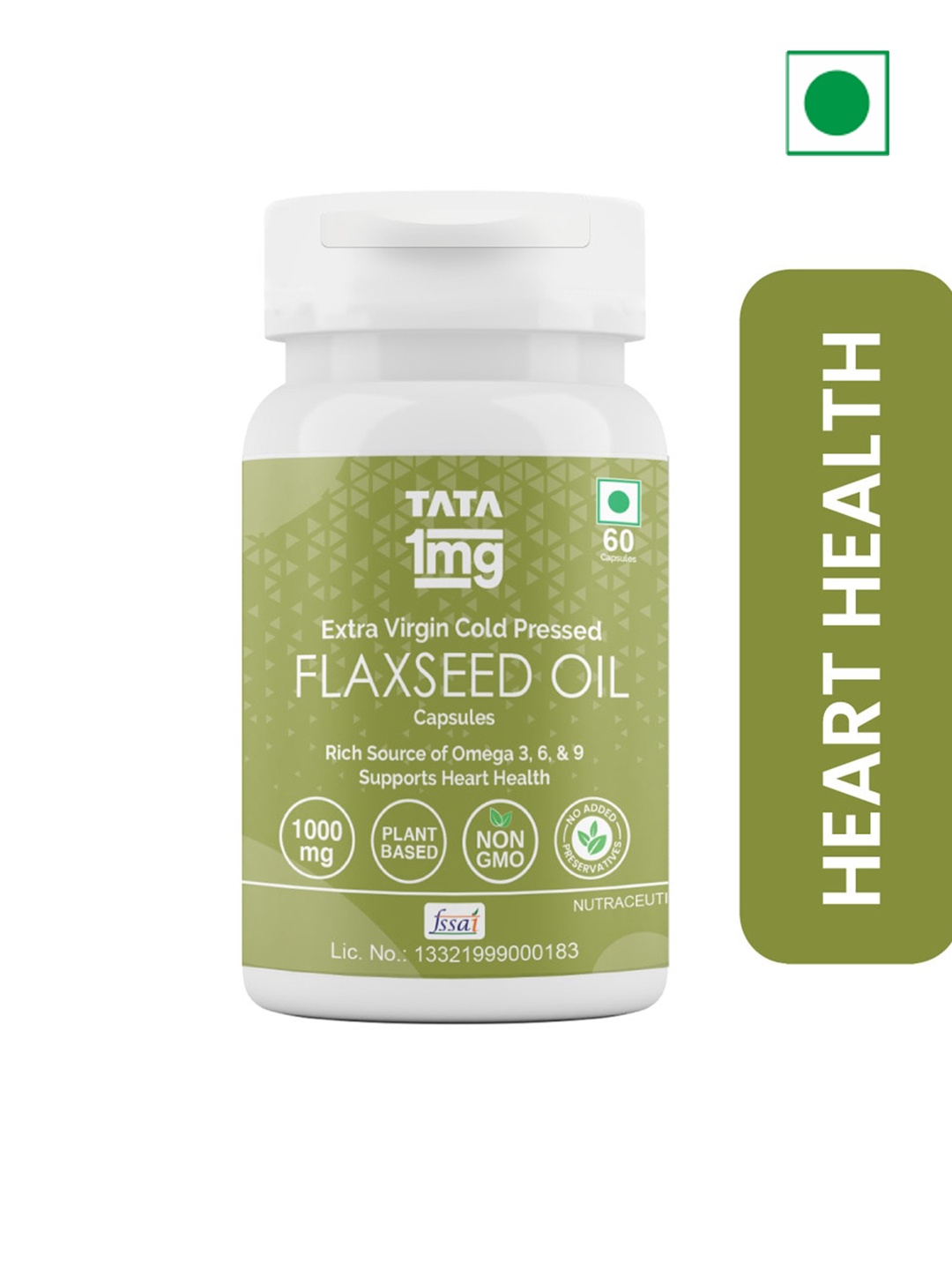 

TATA 1MG Cold Pressed Flaxseed Oil Veg Omega 3 Capsules For Heart Health - 60 Capsules, Green