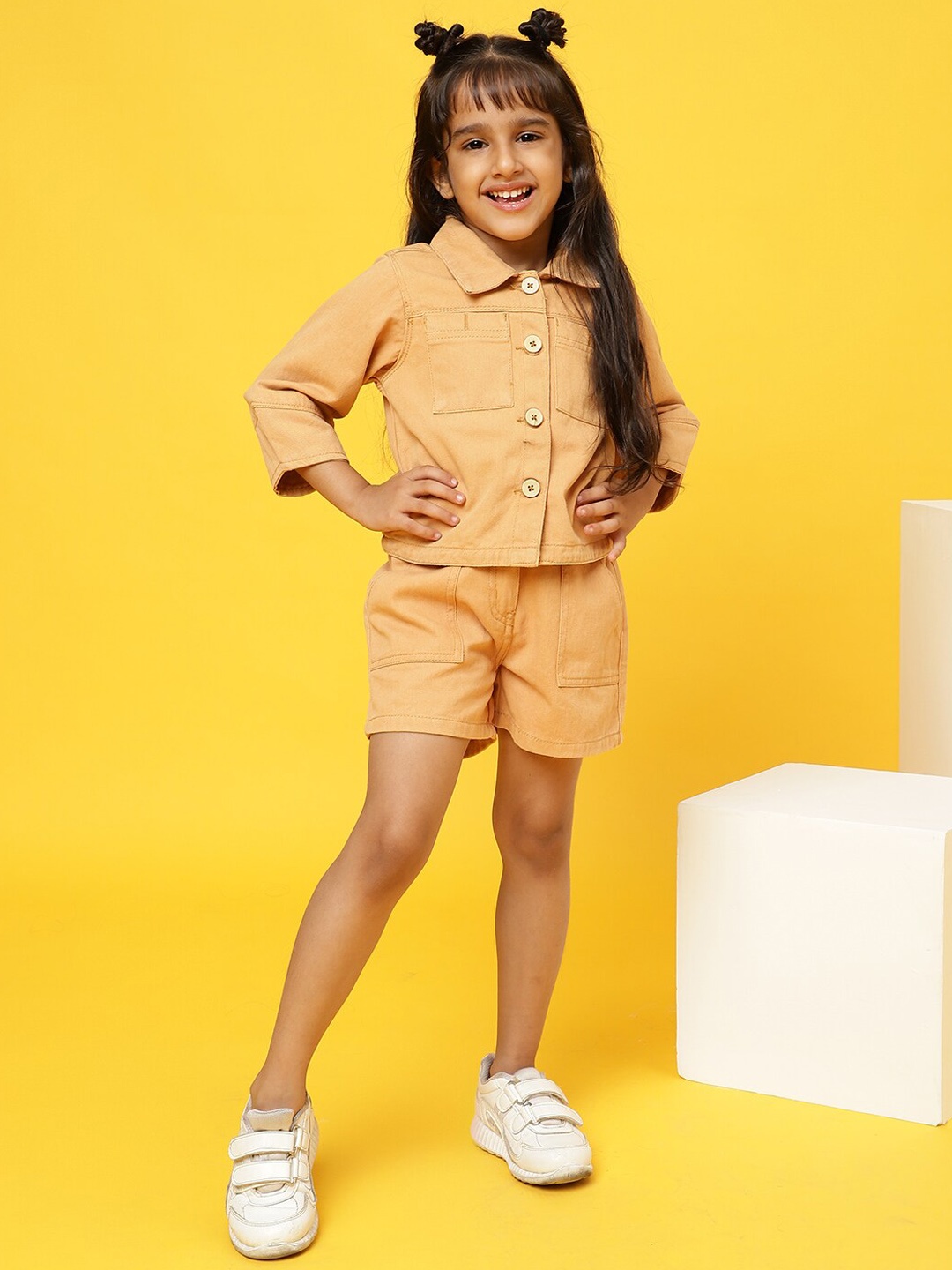 

TALES & STORIES Girls Shirt Collar Pure Cotton Shirt with Shorts, Mustard