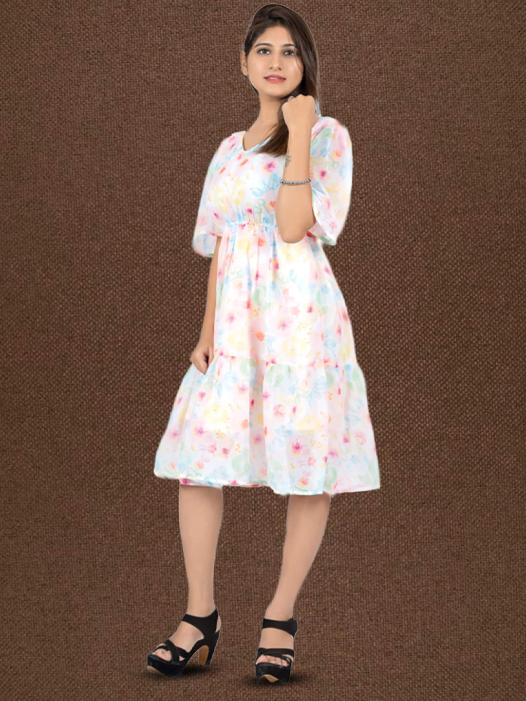 

N N ENTERPRISE Floral Printed V-Neck Flared Sleeves Georgette Tiered A-Line Dress, White