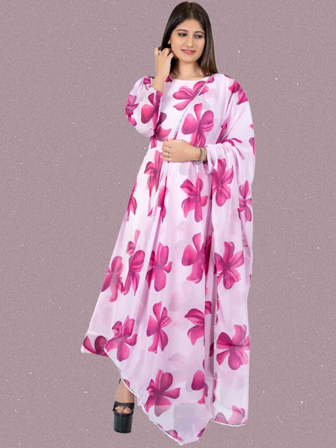 

N N ENTERPRISE Floral Printed Regular A-Line Kurta With Pyjamas & Dupatta, Pink