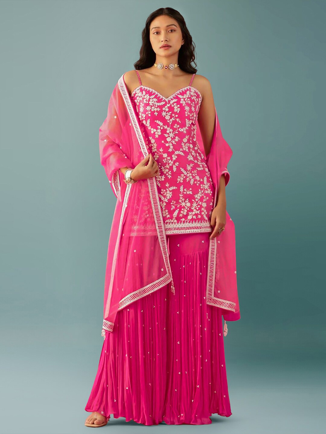 

saree.com Floral Embroidered Semi-Stitched Dress Material, Pink