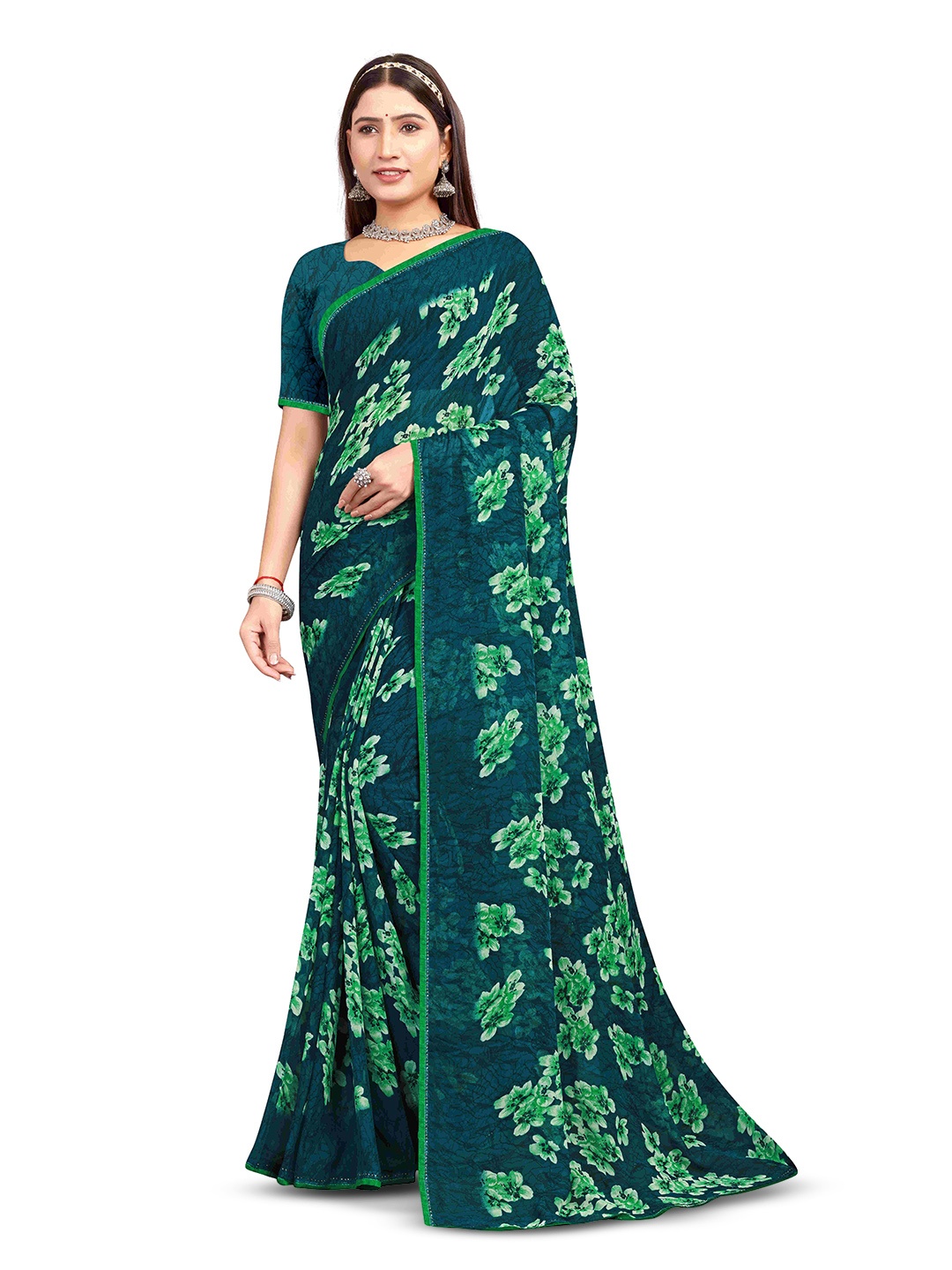 

RANGRASIYA Floral Printed Beads and Stones Chanderi Saree, Teal