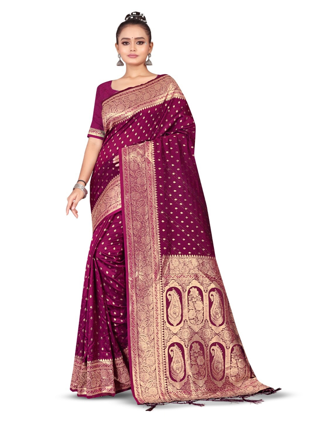 

RANGRASIYA Paisley Woven Design Zari Banarasi Saree, Magenta