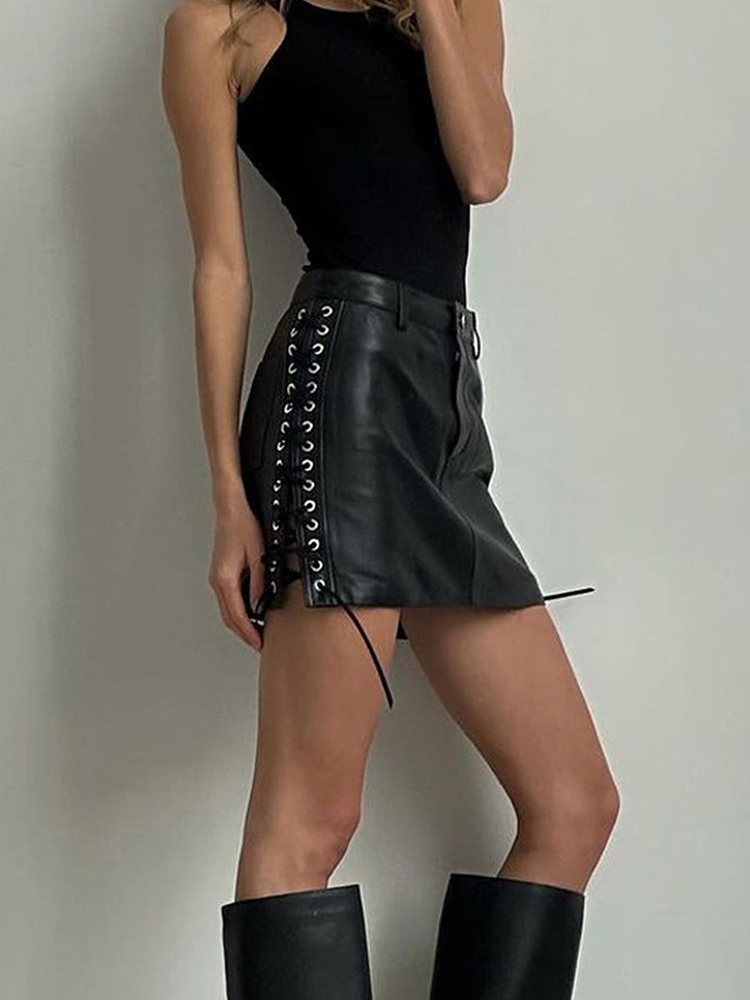 

LULU & SKY High-Waist Lace-Up Detail A-line Mini Skirts, Black