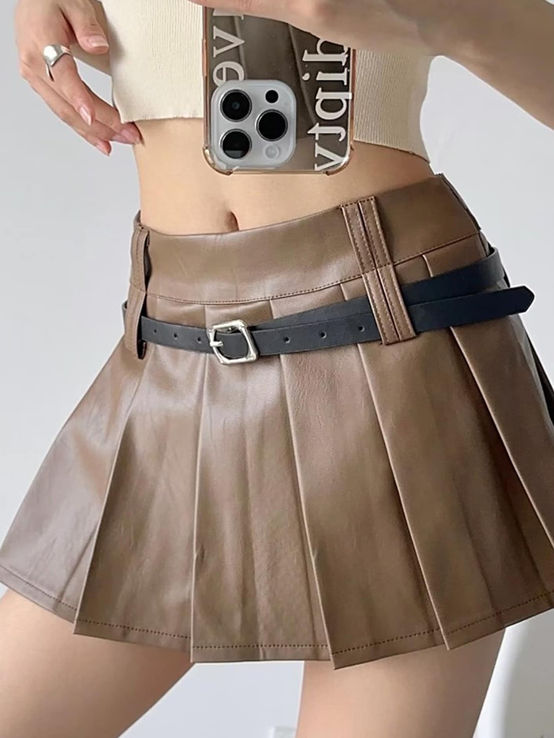 

LULU & SKY Low Waist Mini Skirt With Belt, Coffee brown