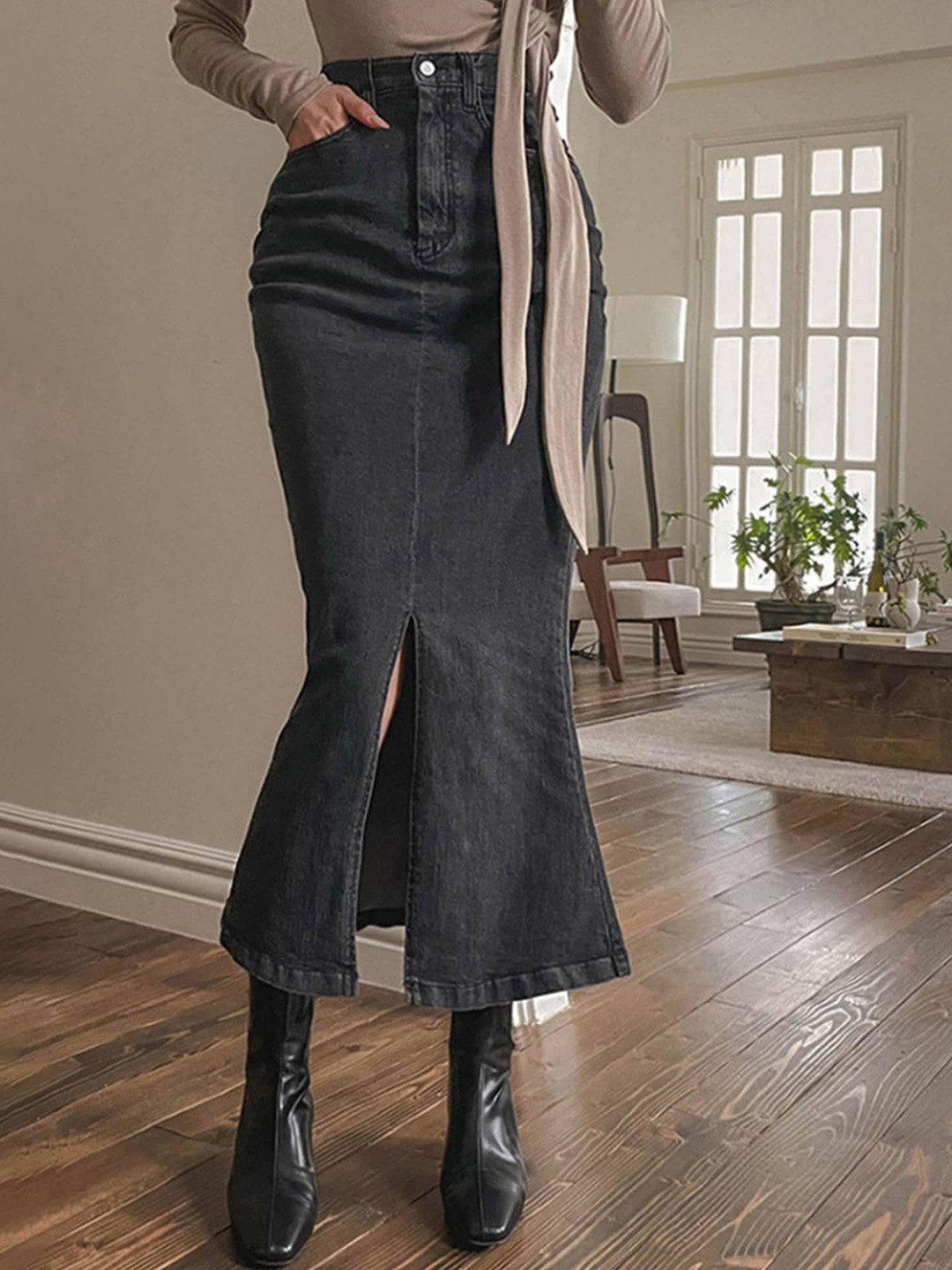 

LULU & SKY High Waist Front Slit Denim Midi Skirts, Black
