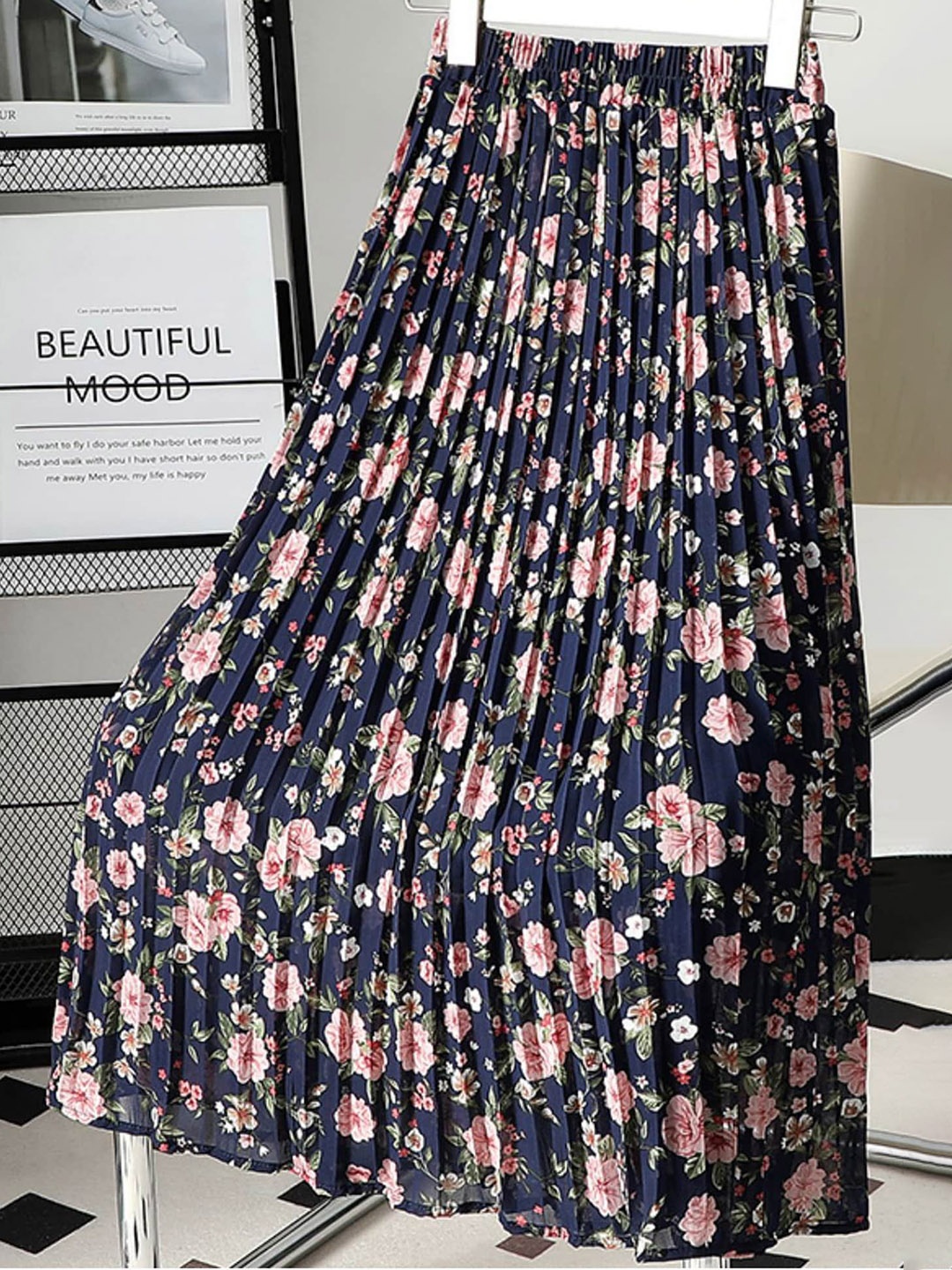 

LULU & SKY Floral Printed Pleated Midi A-Line Skirt, Blue