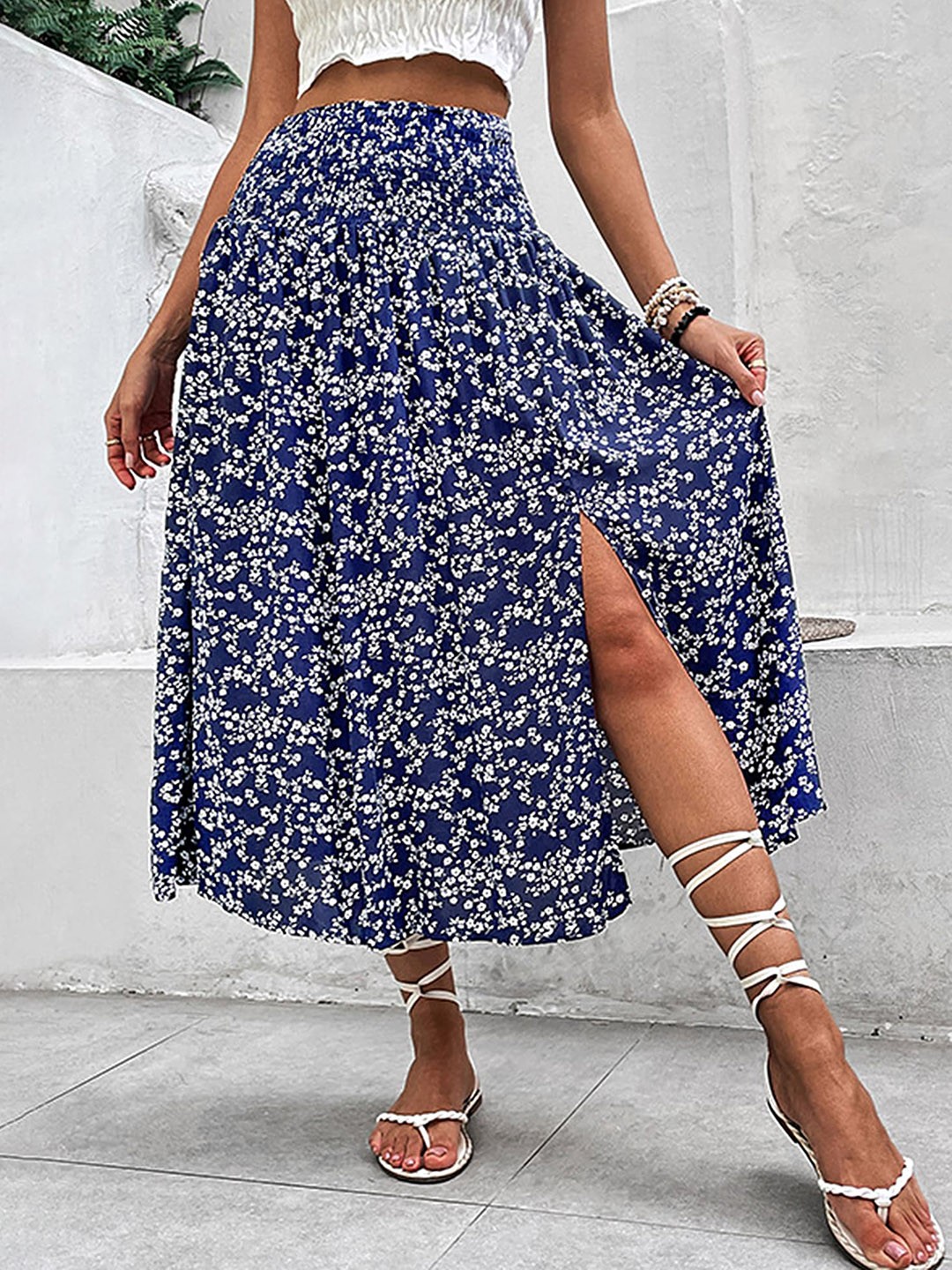 

LULU & SKY Floral Printed A-line Midi Skirts, Blue