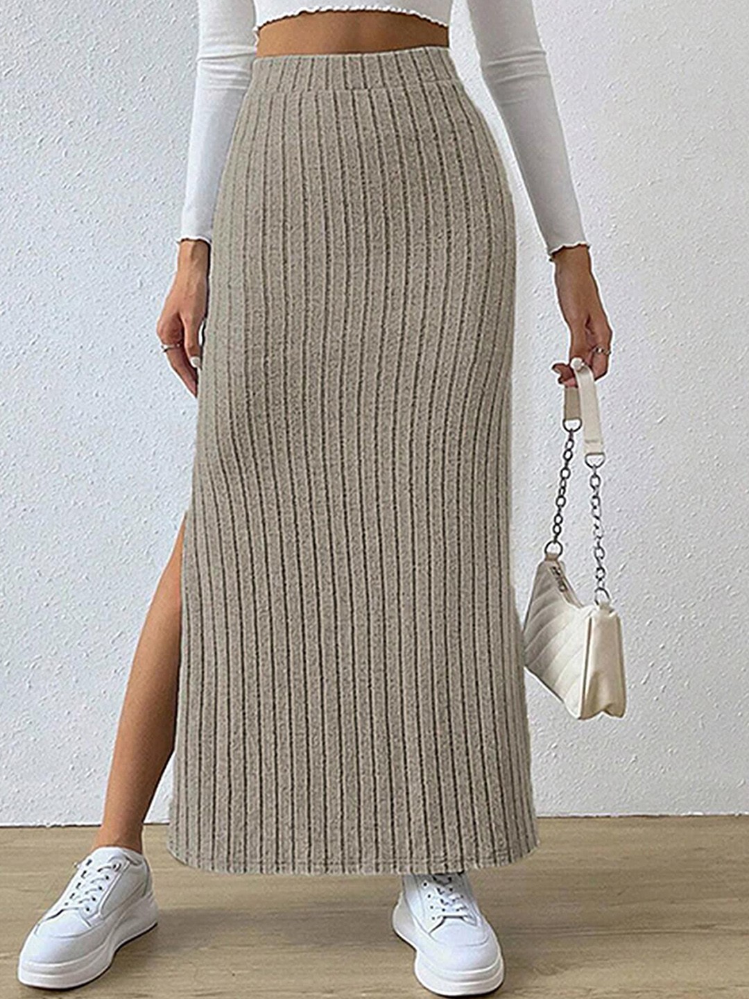 

LULU & SKY Self Design A-Line Maxi Skirts, Khaki