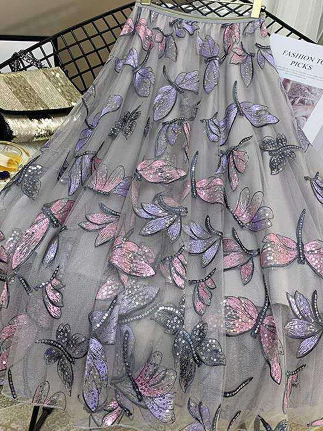 

LULU & SKY Embellished A-Line Midi Skirt, Grey