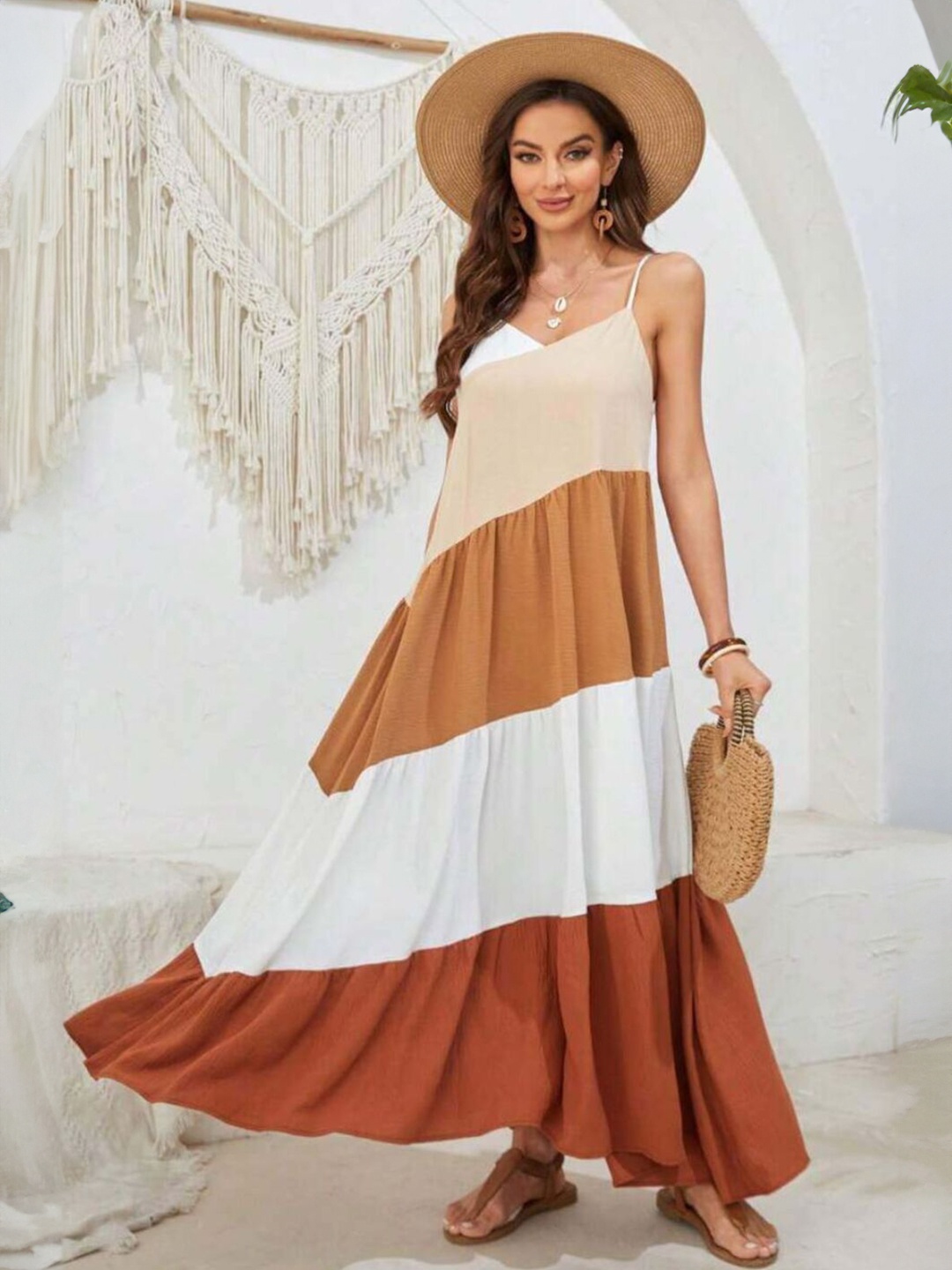 

FancyPants Colourblocked Gathered Detailed Tiered Maxi Dress, Beige
