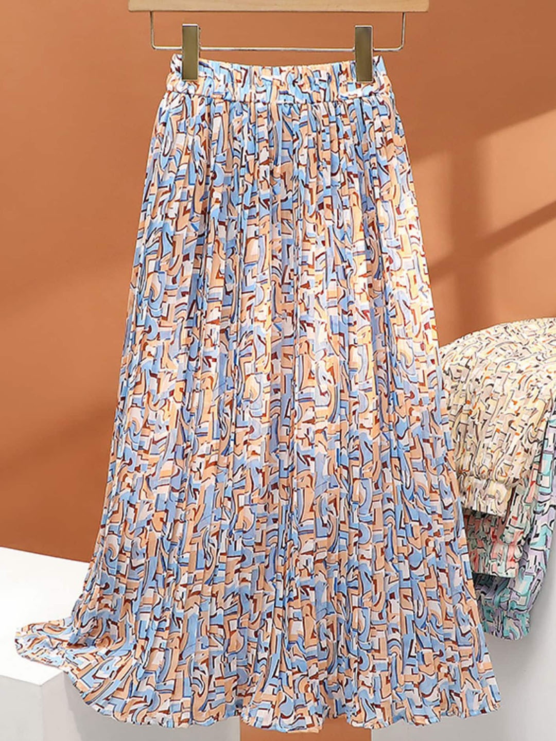 

LULU & SKY Abstract Printed Chiffon A-line Midi Skirts, Blue
