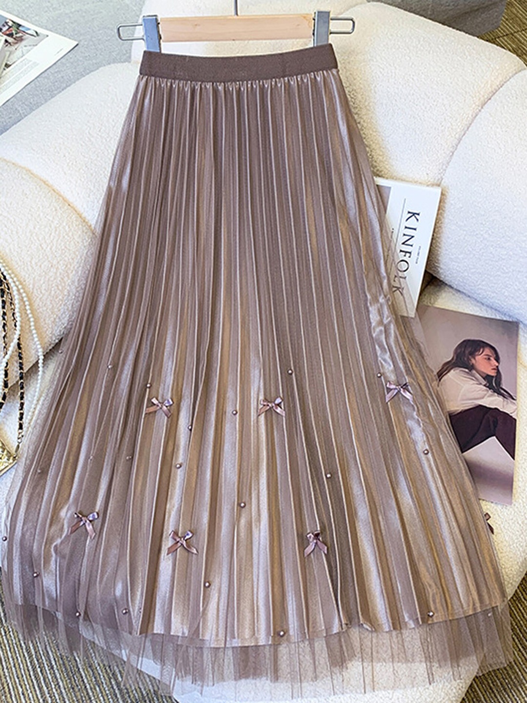 

LULU & SKY Beaded Mesh Bow-Knot Flared Midi Skirt, Coffee brown