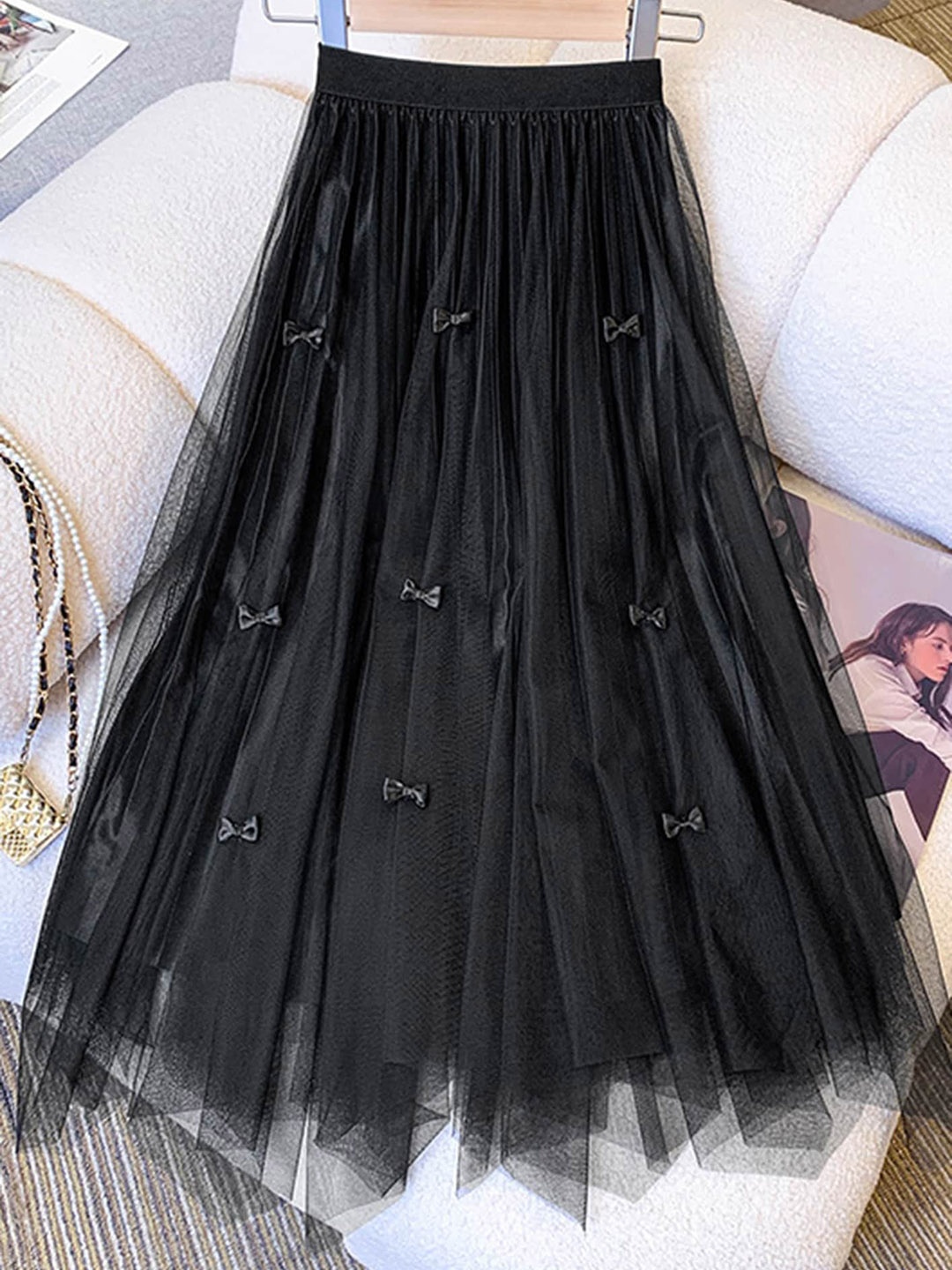 

LULU & SKY Bow-Detailed Gathered Flared Midi Skirt, Black