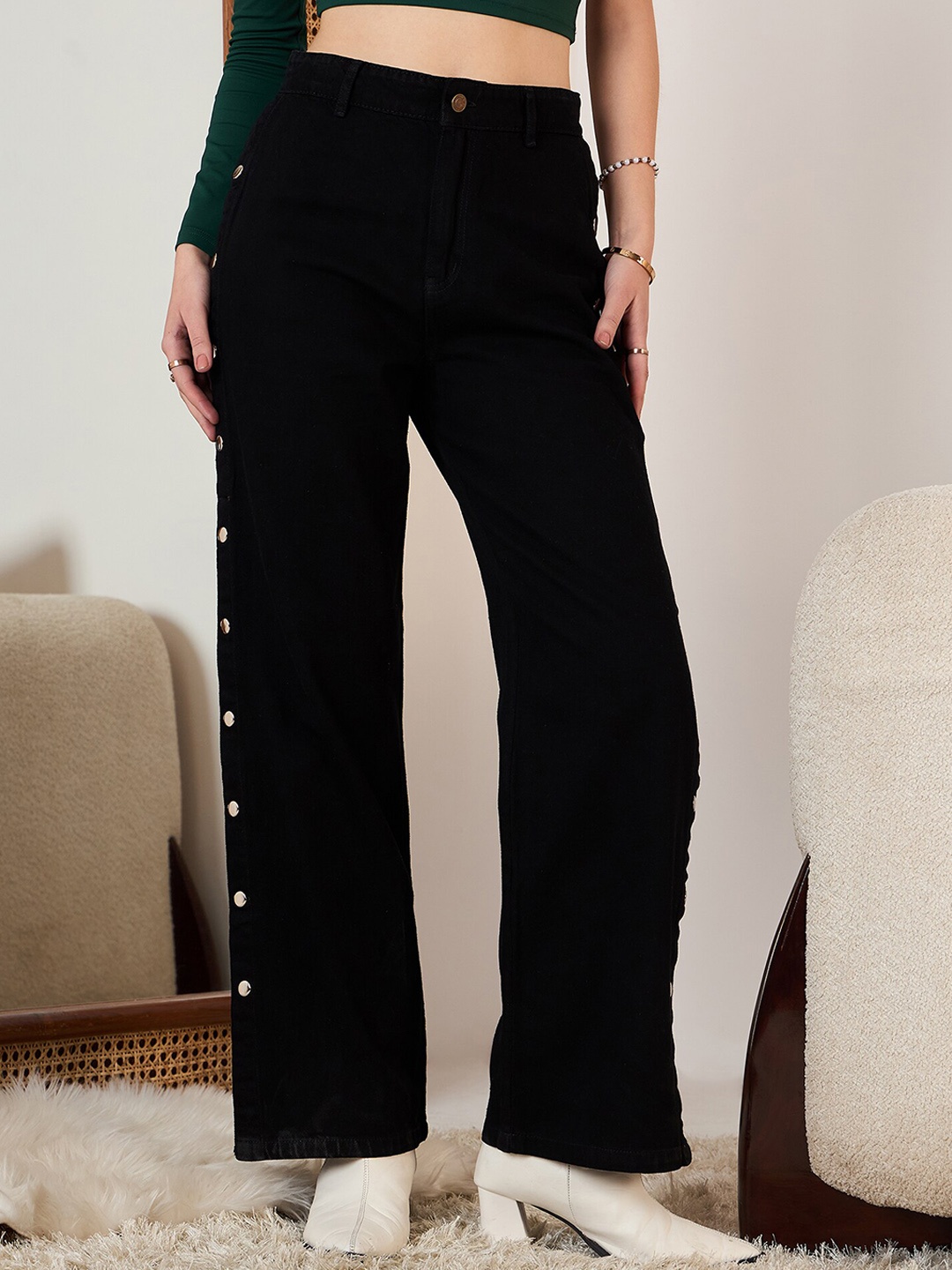 

Berrylush Women Flared Cotton High-Rise Jeans, Black
