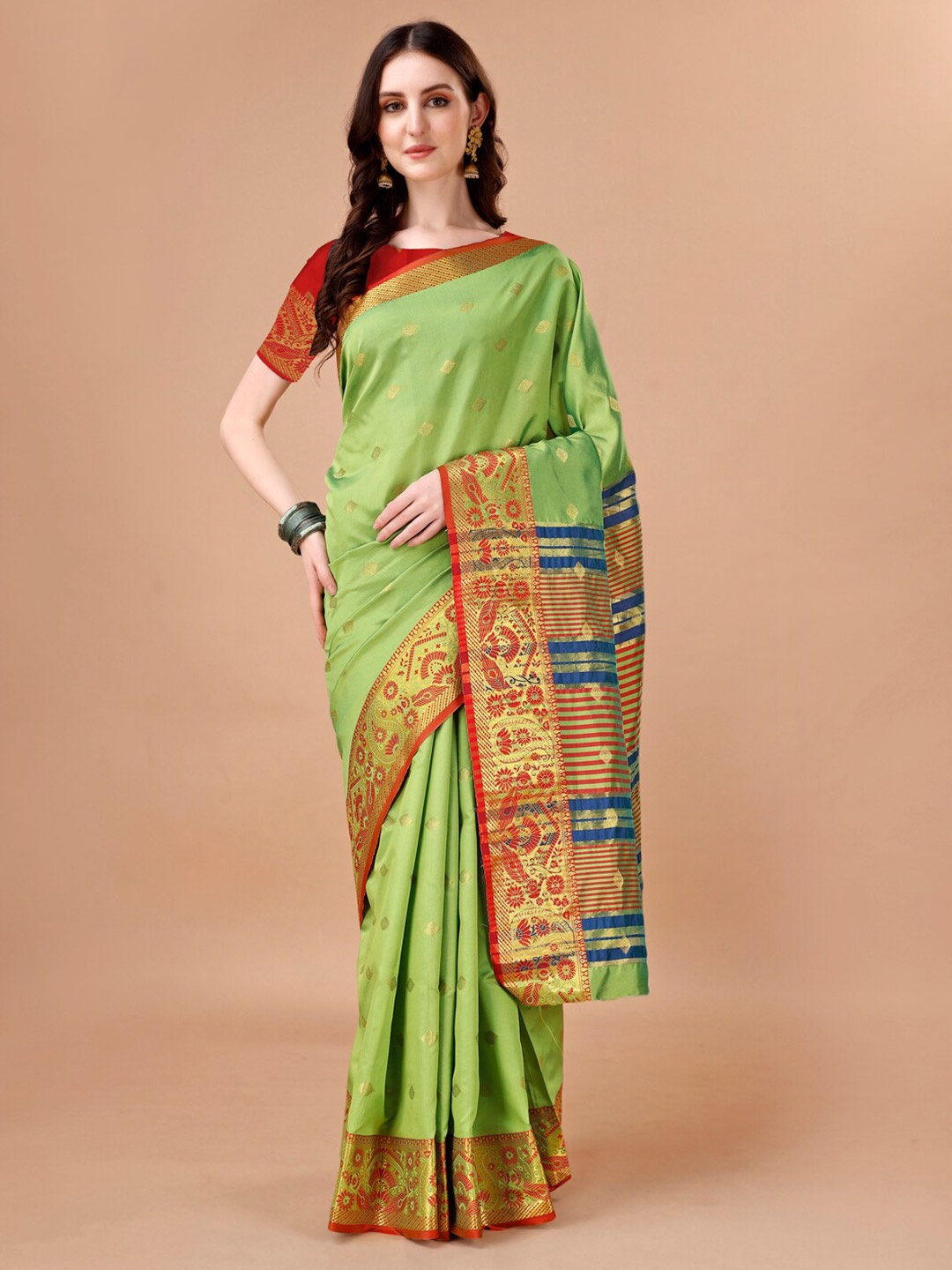 

JUST FASHION Ethnic Motifs Woven Design Zari Banarasi Saree, Green