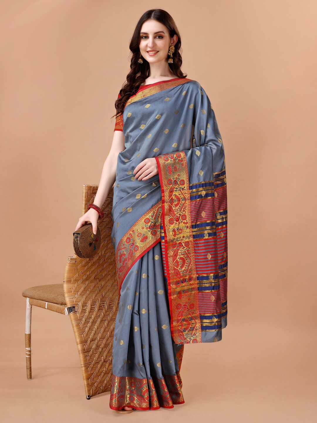 

JUST FASHION Ethnic Motifs Woven Design Zari Banarasi Saree, Grey