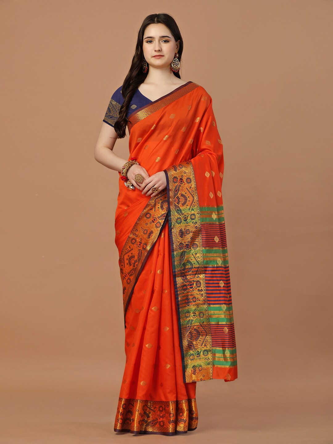

JUST FASHION Ethnic Motifs Woven Design Zari Banarasi Saree, Orange