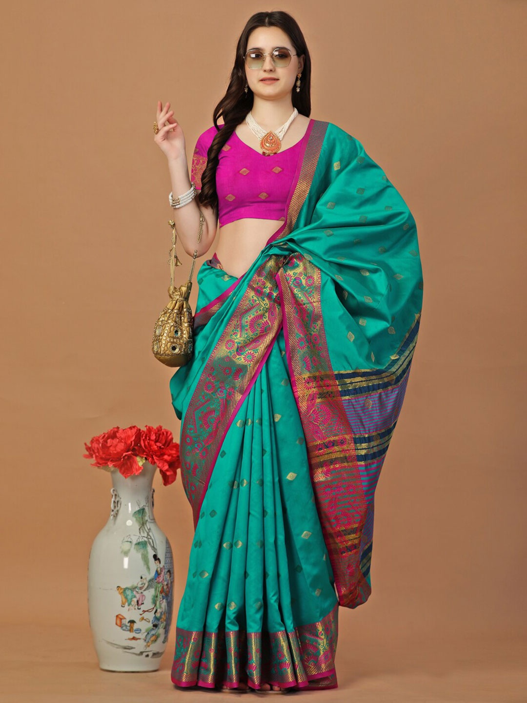 

JUST FASHION Ethnic Motifs Woven Design Zari Banarasi Saree, Turquoise blue