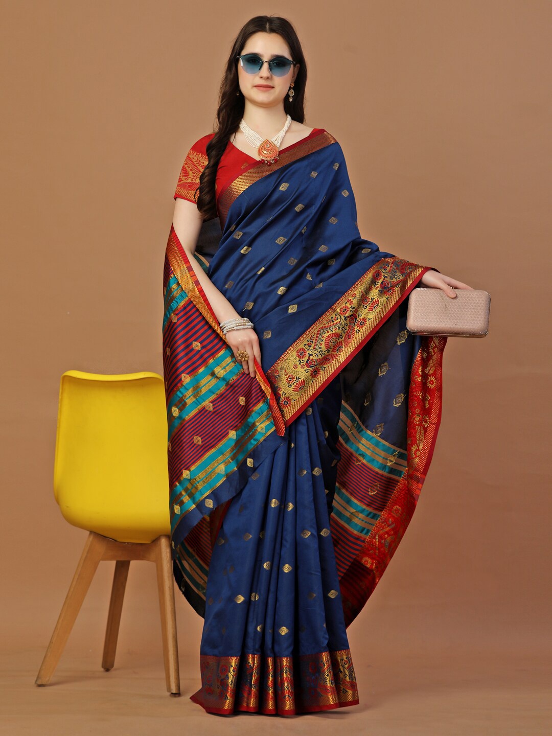 

JUST FASHION Ethnic Motifs Woven Design Zari Banarasi Saree, Navy blue