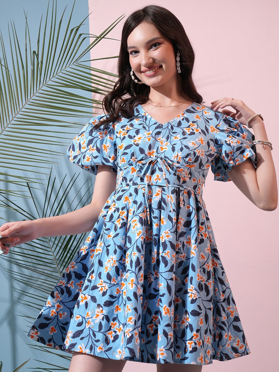

Tokyo Talkies Floral Printed Puff Sleeve Fit & Flare Dress, Blue