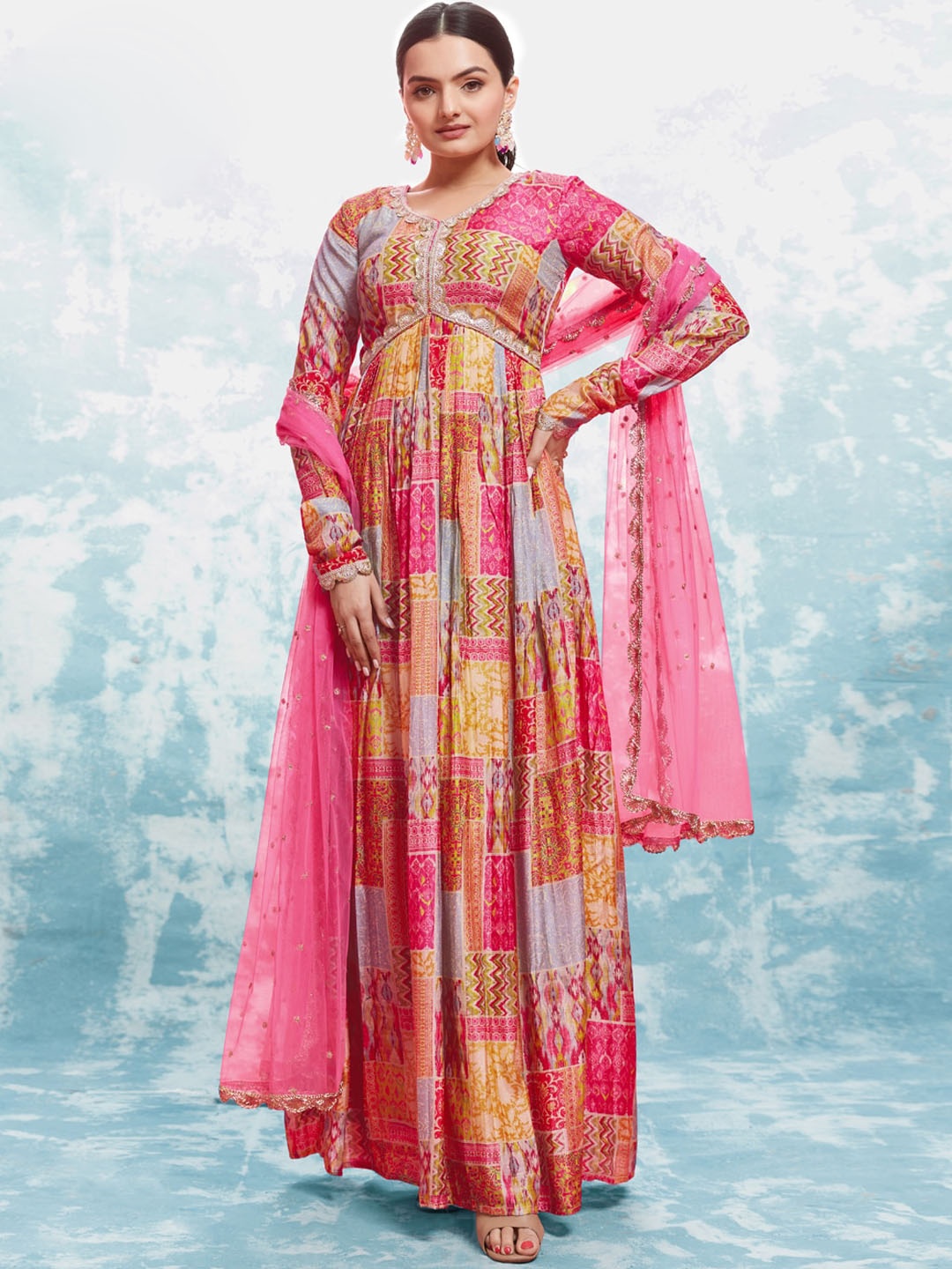 

Fusionic Ethnic Motifs Printed Cotton Empire With Dupatta, Coral