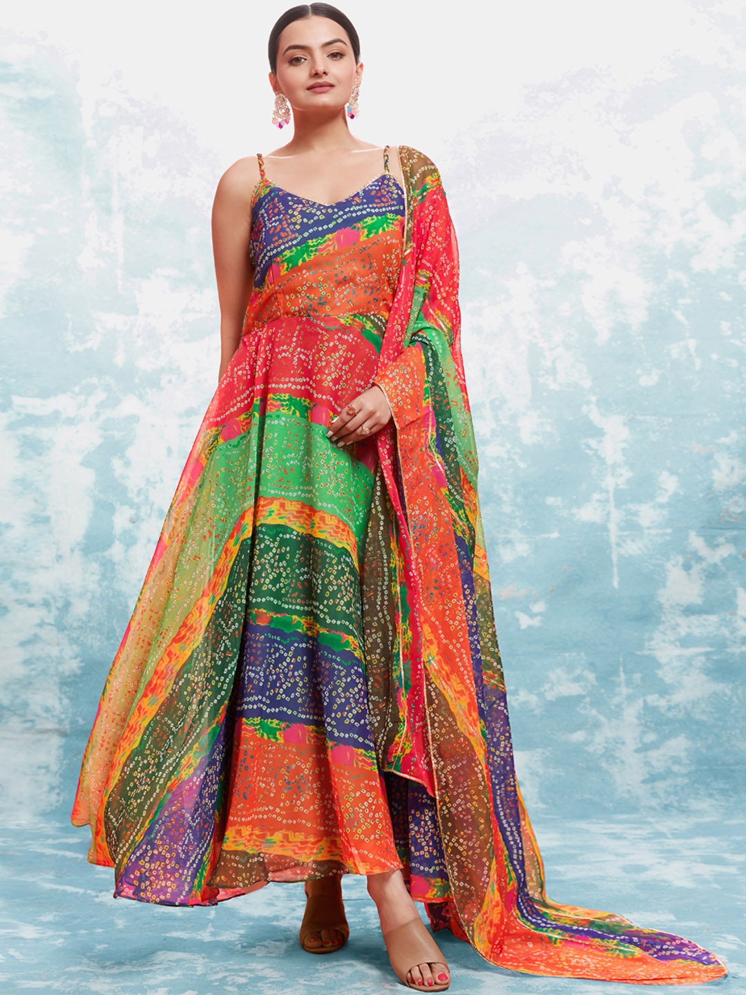 

Fusionic Bandhani Printed Flared Gown Ethnic Dress With Dupatta, Orange