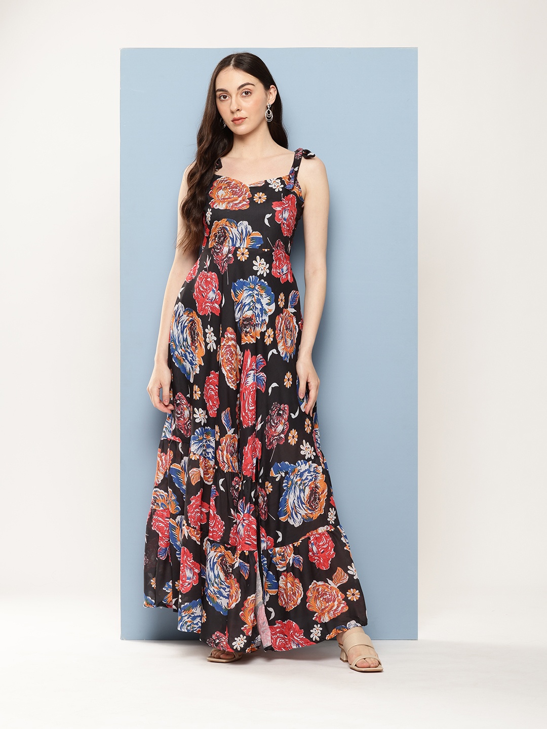 

Nesha India Floral Print Sweetheart Neck Crepe Fit & Flare Maxi Dress, Black