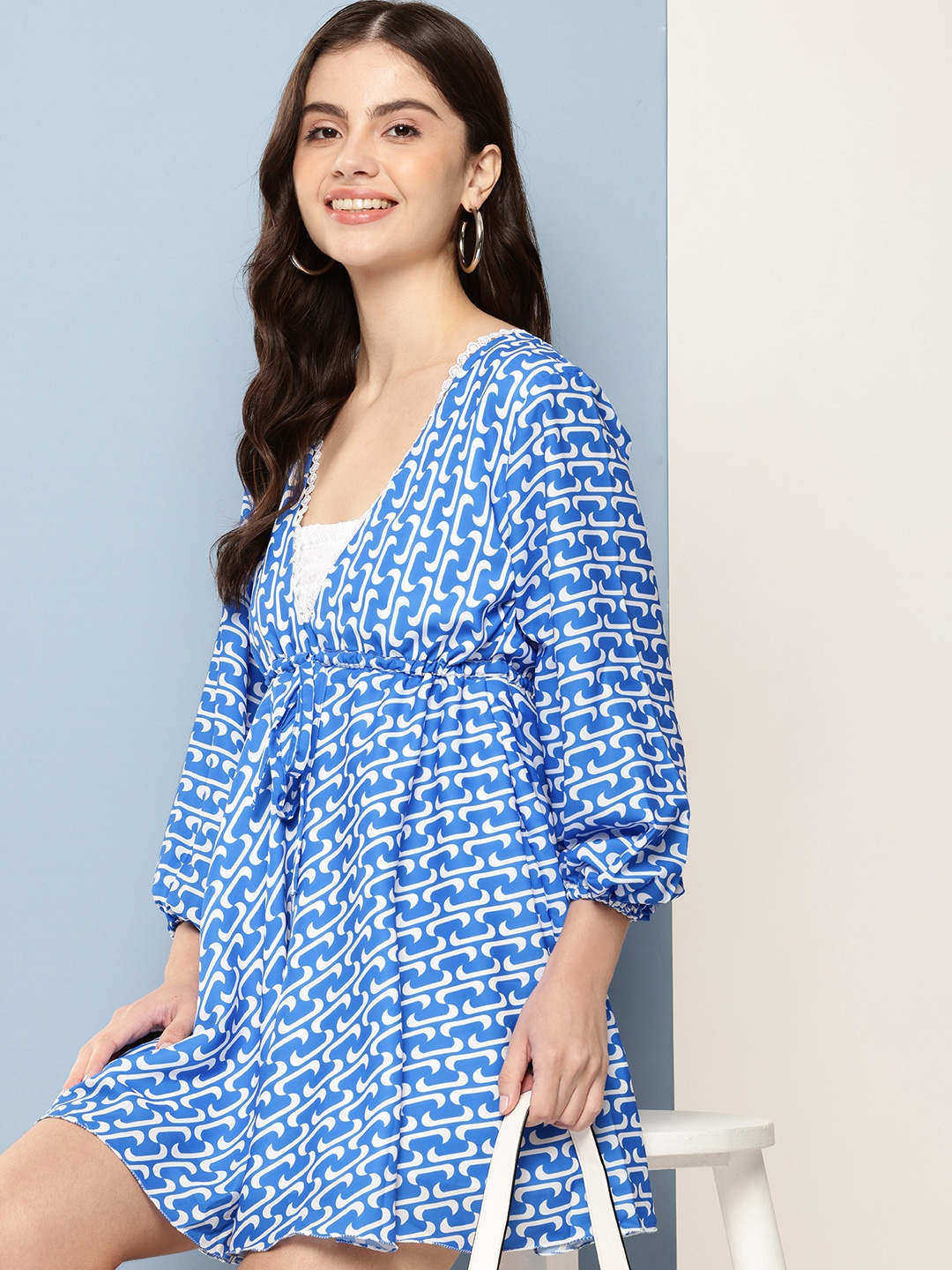 

Nesha India Geometric Print Bishop Sleeve Crepe Fit & Flare Dress, Blue