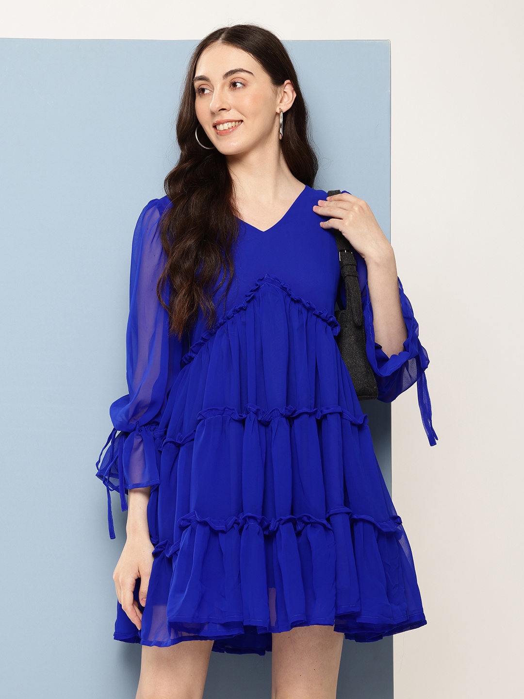 

Nesha India Puff Sleeves Tiered Crepe Empire Dress, Blue