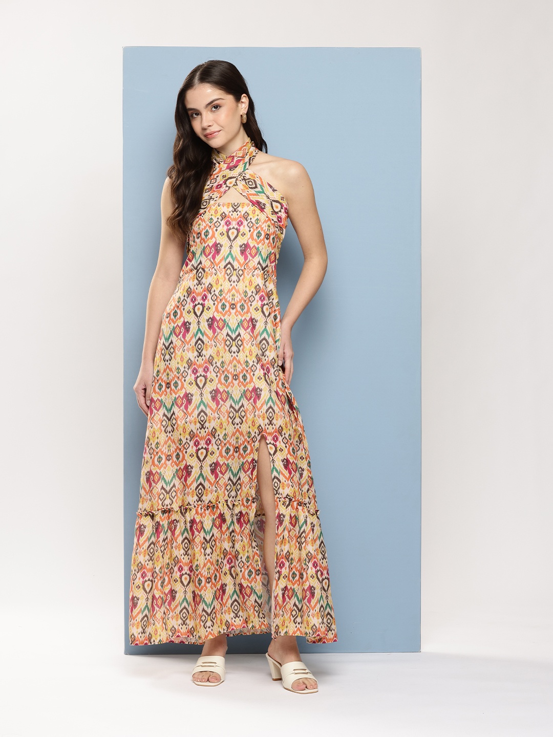 

Nesha India Bohemian Print Halter Neck Crepe A-Line Maxi Dress, Yellow