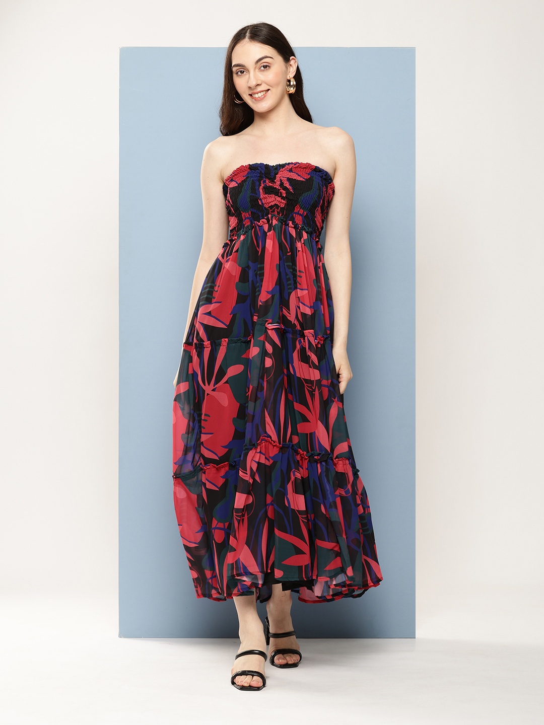 

Nesha India Floral Print Crepe Fit & Flare Maxi Dress, Black