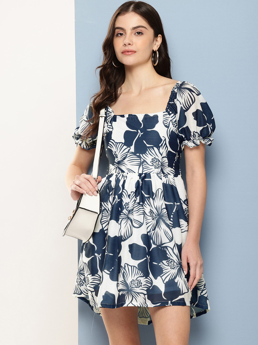 

Nesha India Floral Print Puff Sleeve Crepe Fit & Flare Dress, White