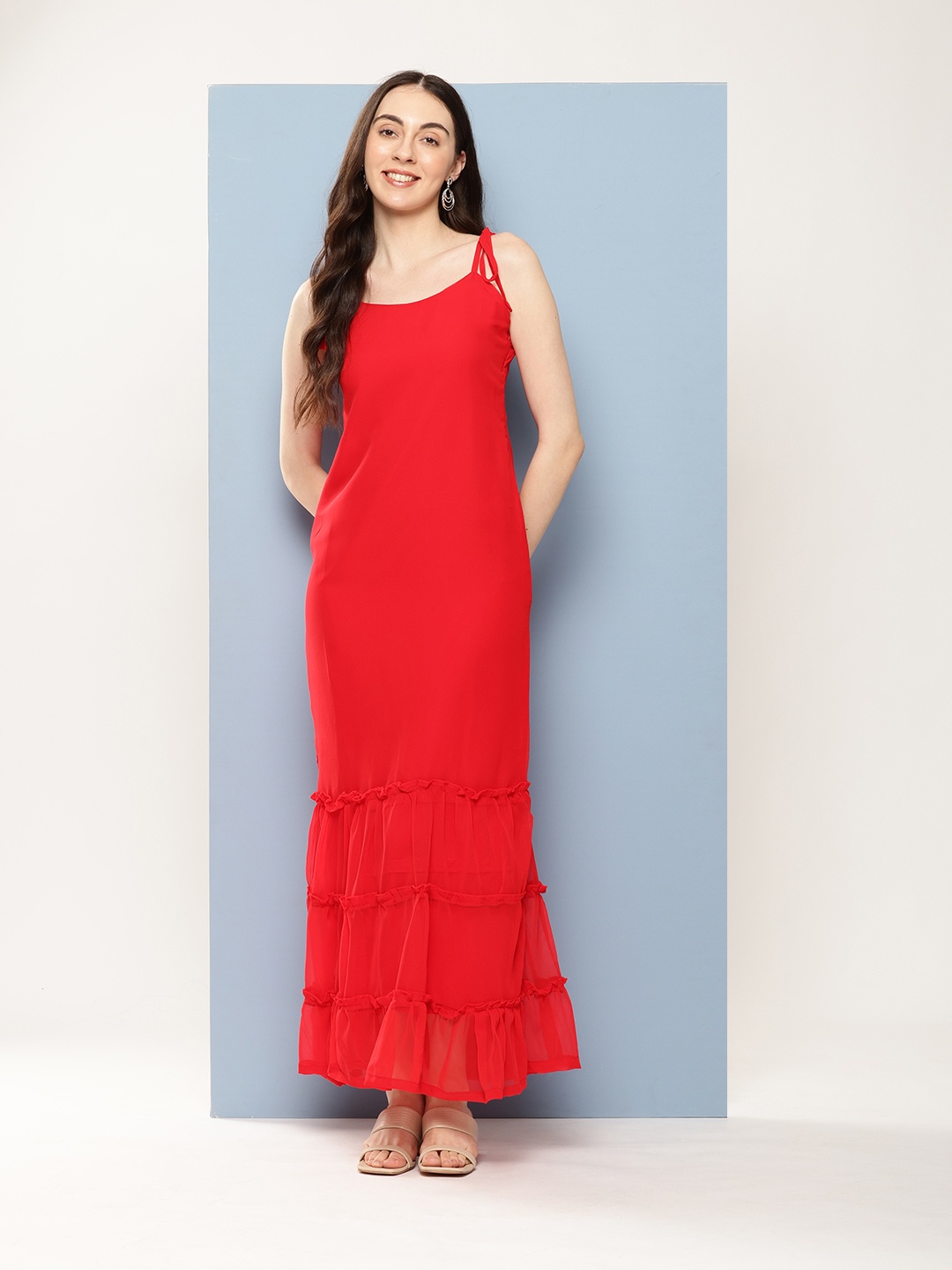 

Nesha India Ruffled Crepe Tiered A-Line Maxi Dress, Red