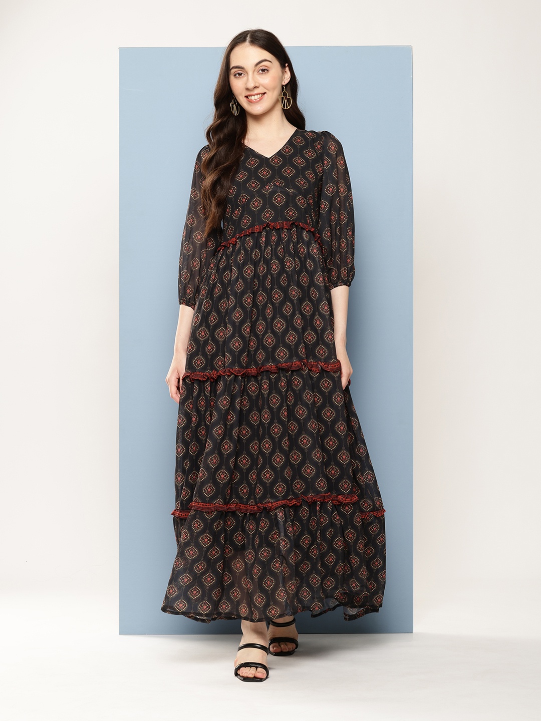 

Nesha India Bohemian Print Puff Sleeves Ruffled Crepe Maxi Dress, Black