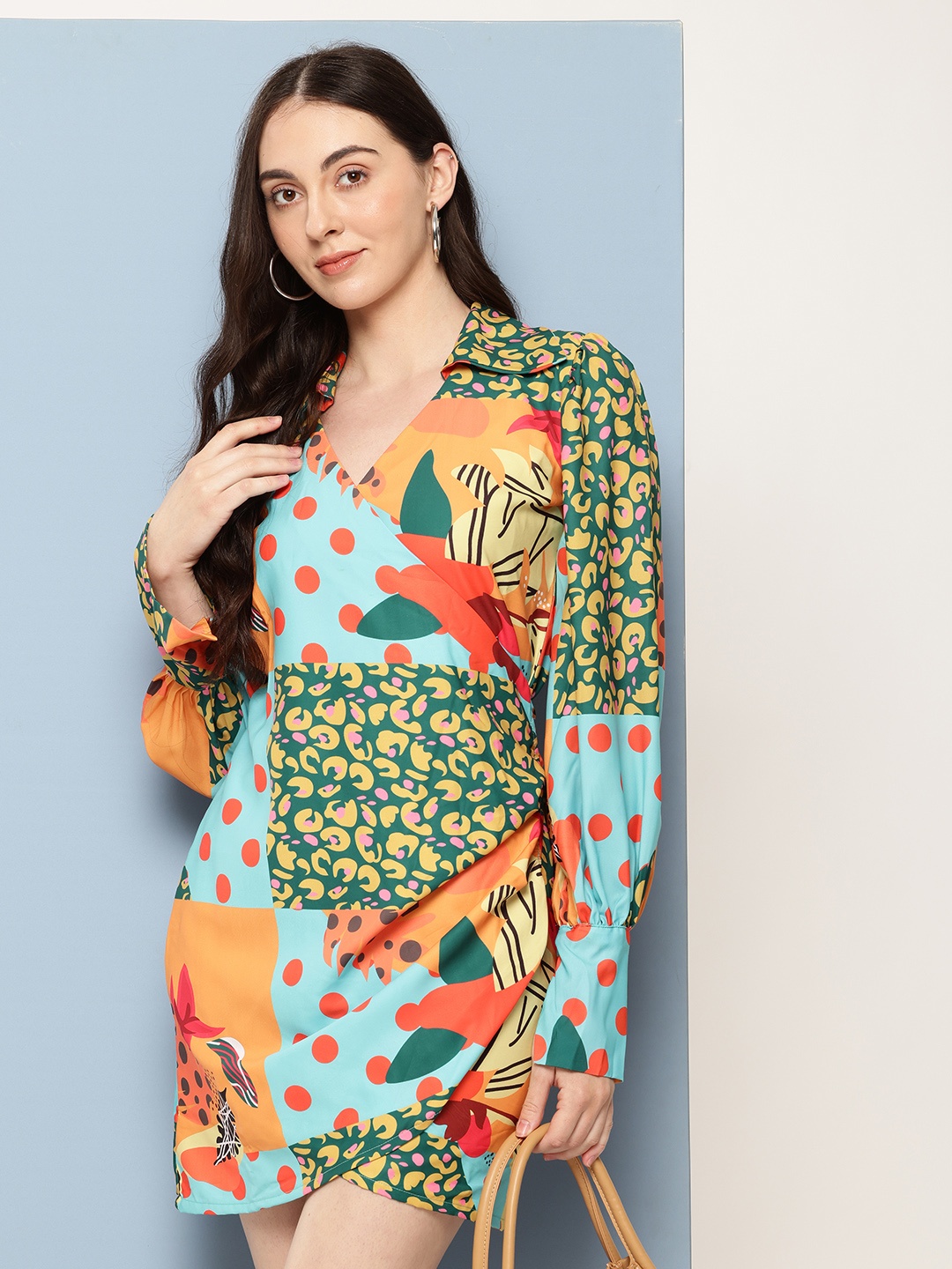 

Nesha India Print Crepe Wrap Mini Dress, Green