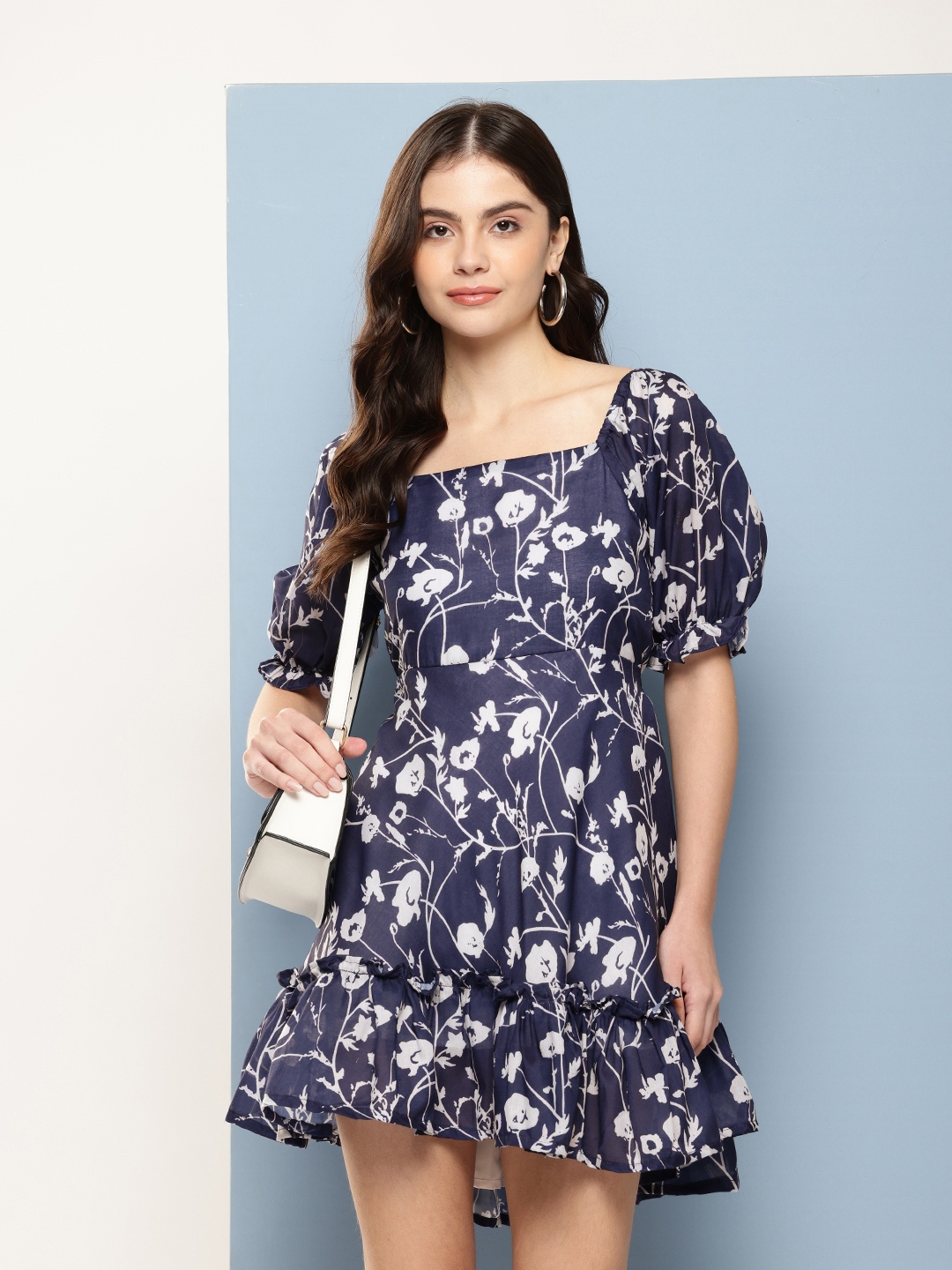 

Nesha India Floral Print Puff Sleeve Crepe Fit & Flare Dress, Blue