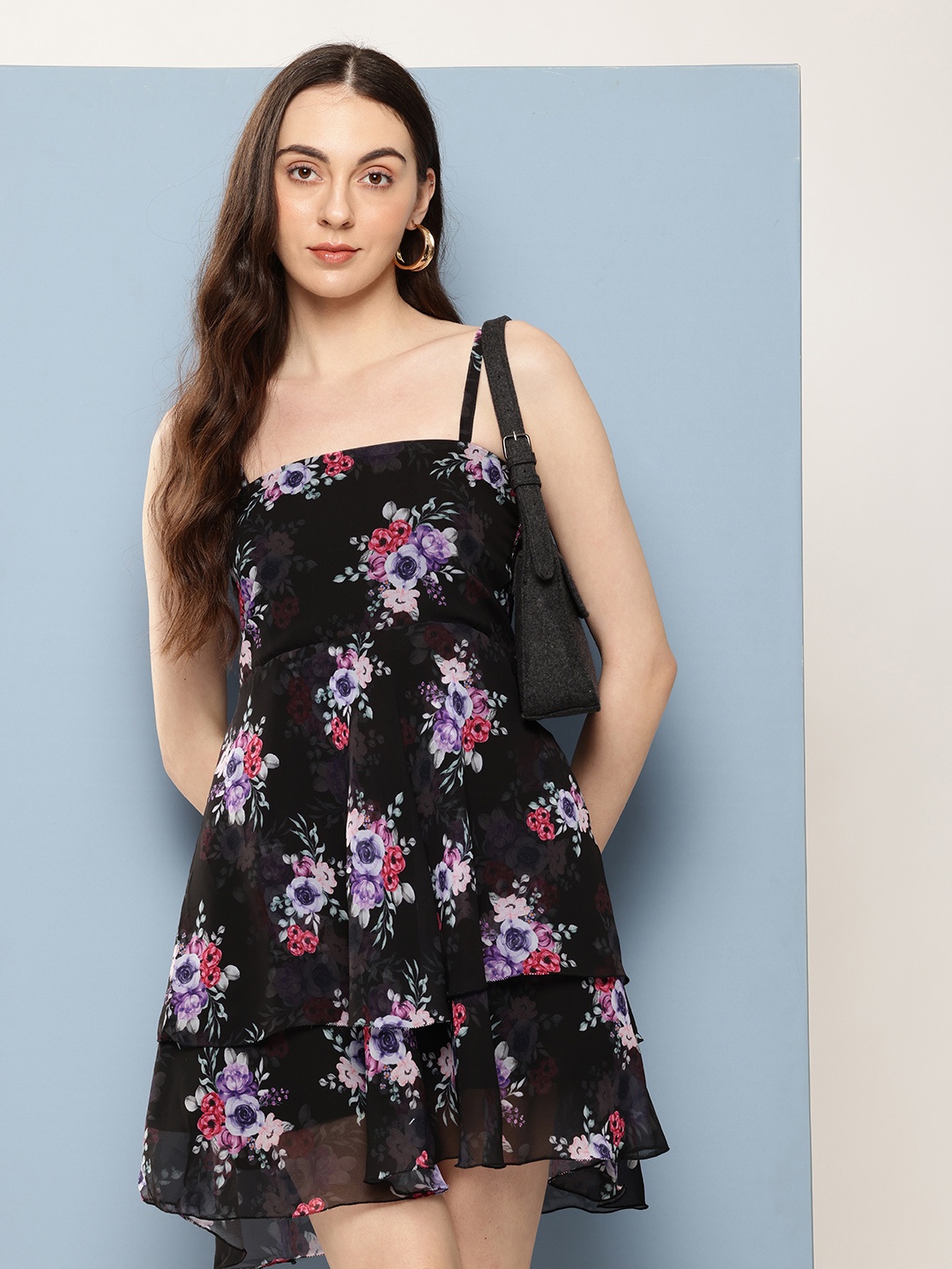 

Nesha India Floral Print Crepe A-Line Dress, Black