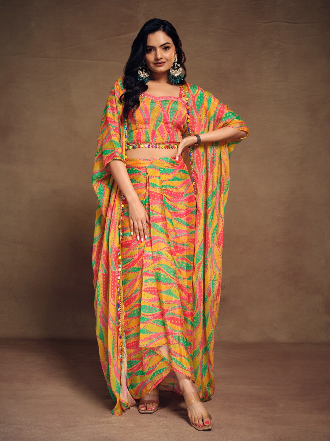 

Fusionic Printed Top With Skirt & Shrug, Orange