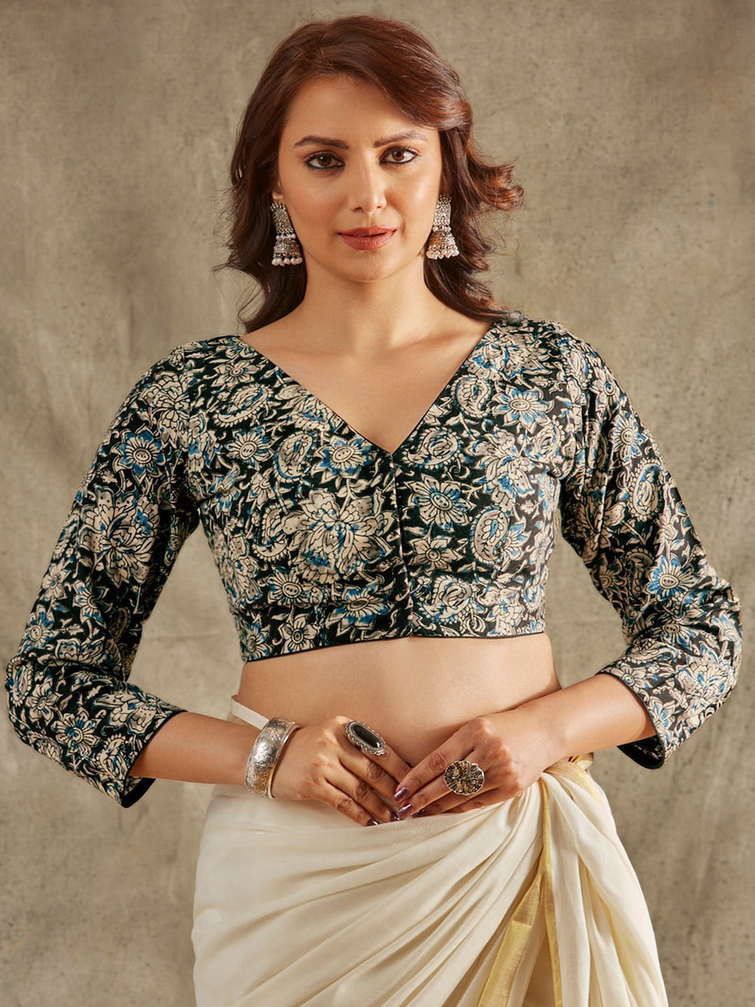 

SALWAR STUDIO Kalakari Printed Cotton V-Neck Saree Blouse, Brown